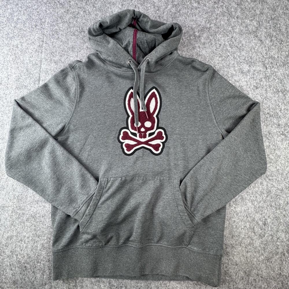 Psycho Bunny Hoodie Mens Medium Gray Bunny Skull Logo Graphic Pullover Fleece